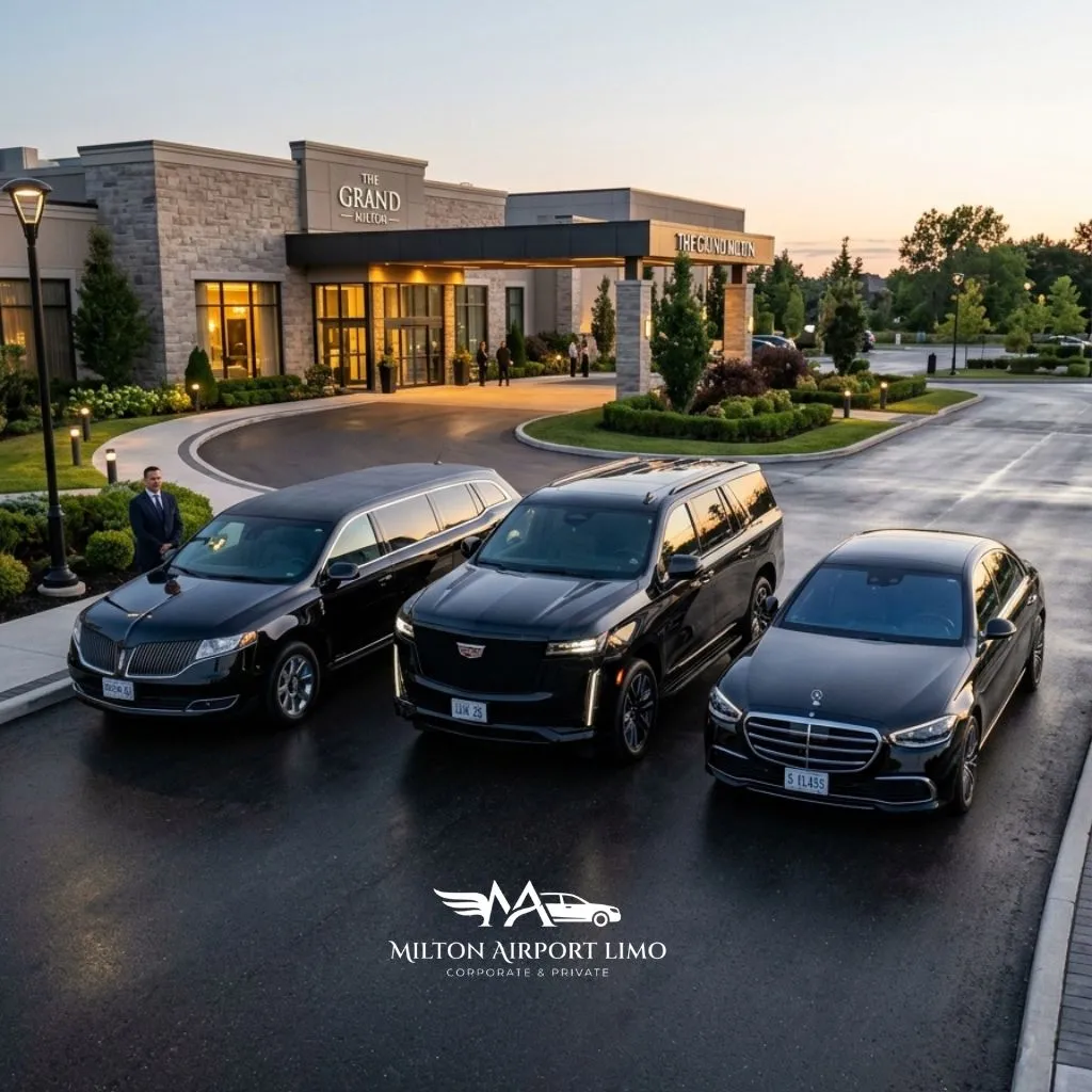 Milton Airport limo fleet with stretch limousine SUV and sedan for airport limo service in Milton