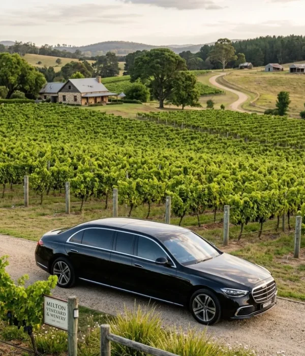 Winery Tour Limo Service Milton with elegant sedan limousine in vineyard